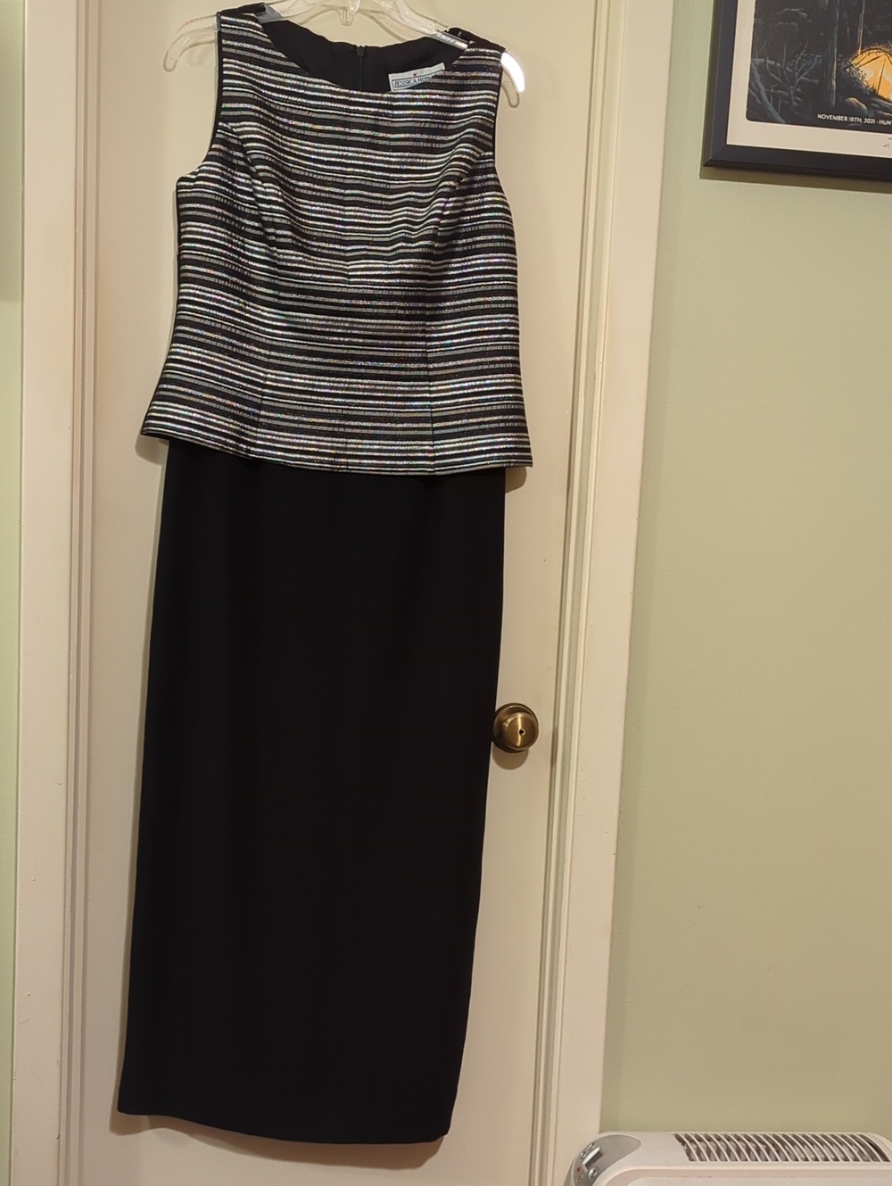 Vintage Jessica Howard Black Maxi Dress with Metallic Silver-Striped Peplum Top